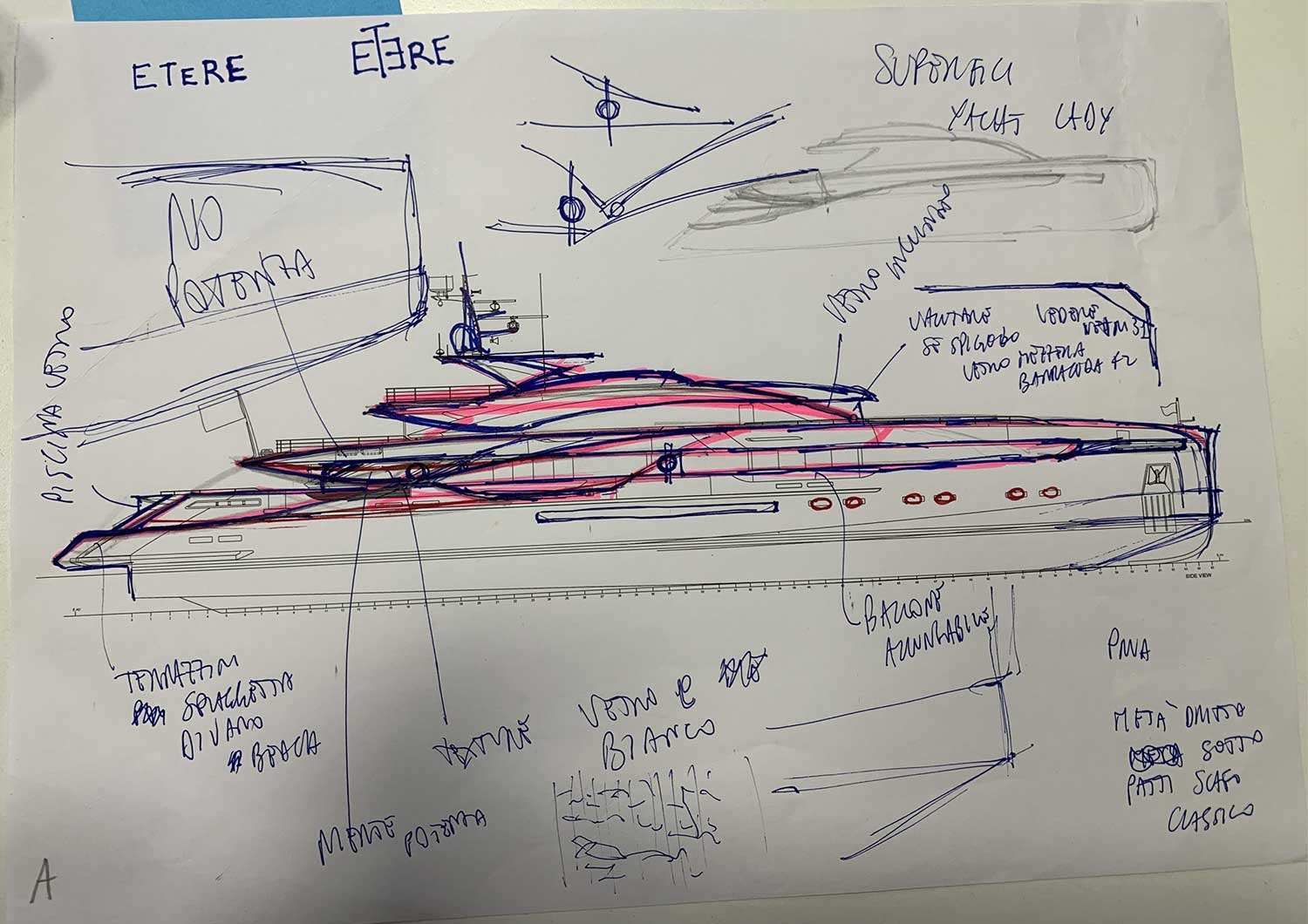 Hand-drawn sketches and technical drawings of the My Etere yacht concept
