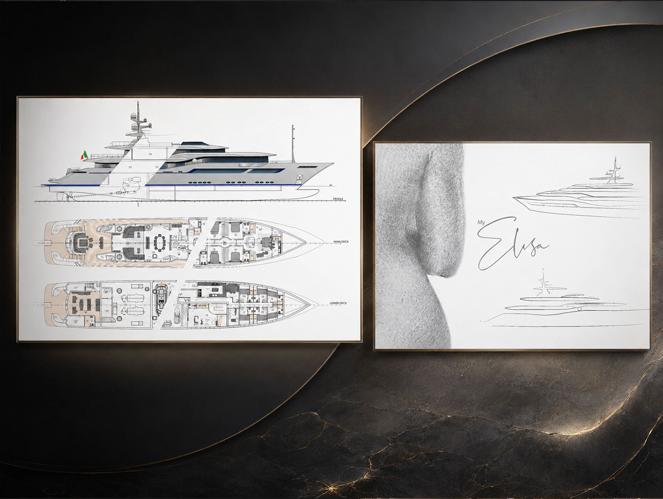 Project blueprints and 3D rendering of a new build luxury yacht concept