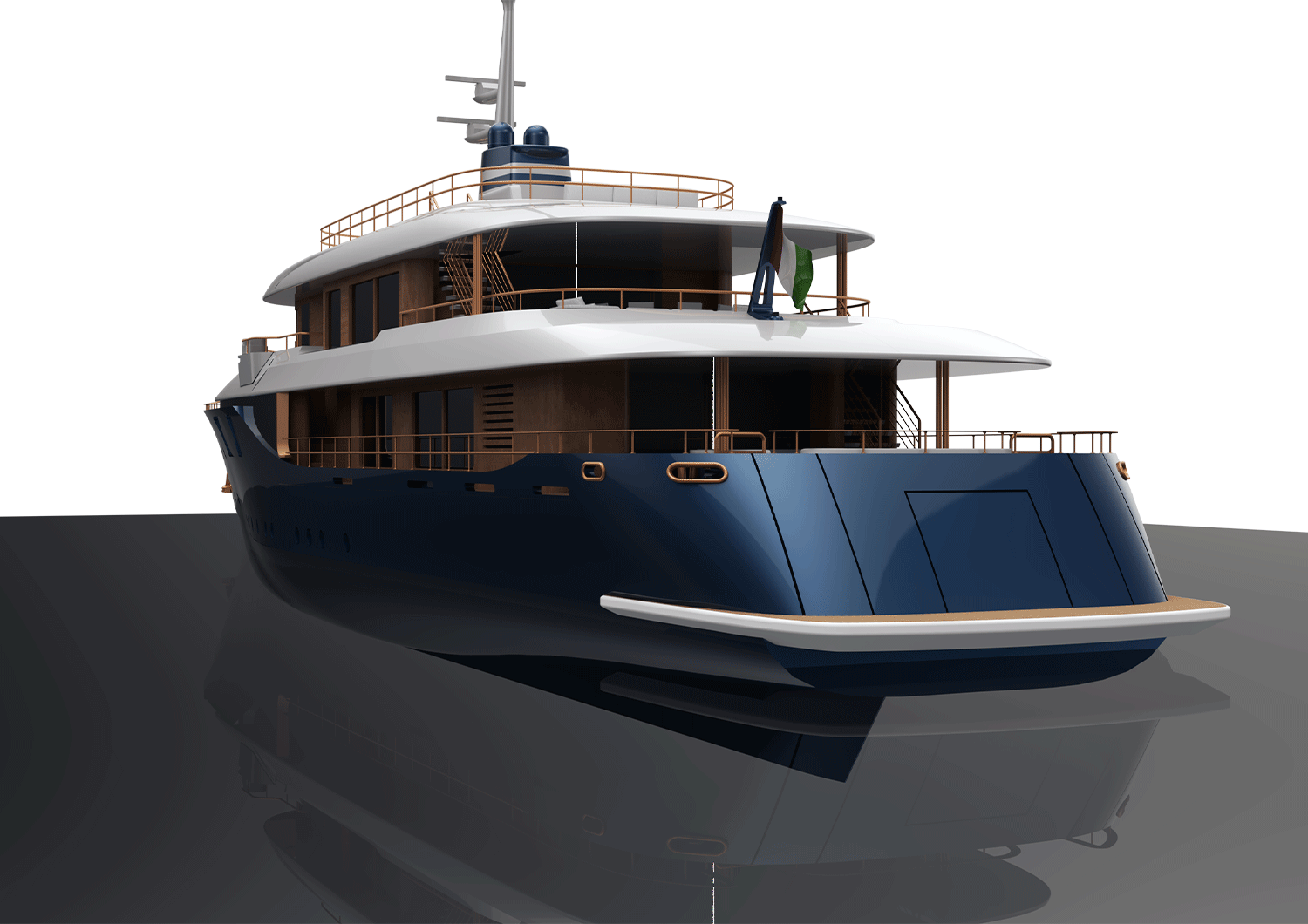 3D render of the aft and back view of the Belfiore luxury yacht concept