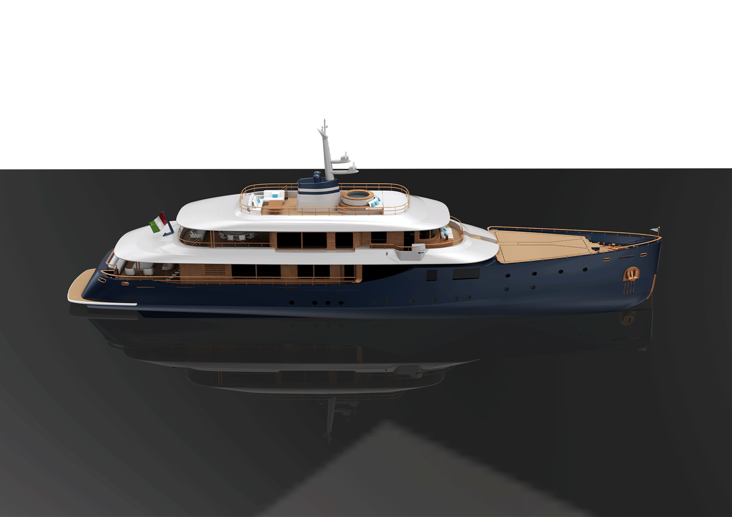 Lateral perspective view of the Belfiore yacht concept 3D render
