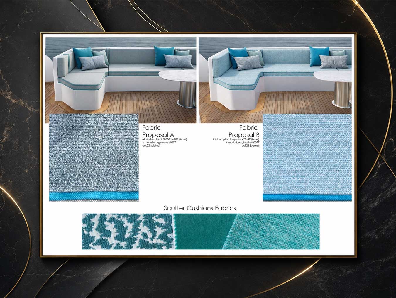 Moodboard and detailing for seasonal yacht design updates by LDWO